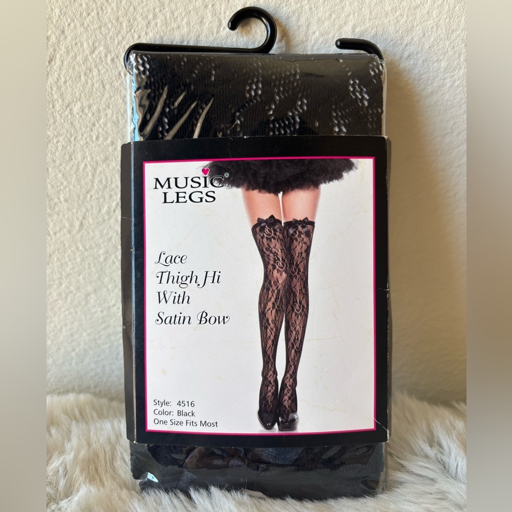 NIB Music Legs Black Floral Lace Thigh Highs with Satin Bow Accent